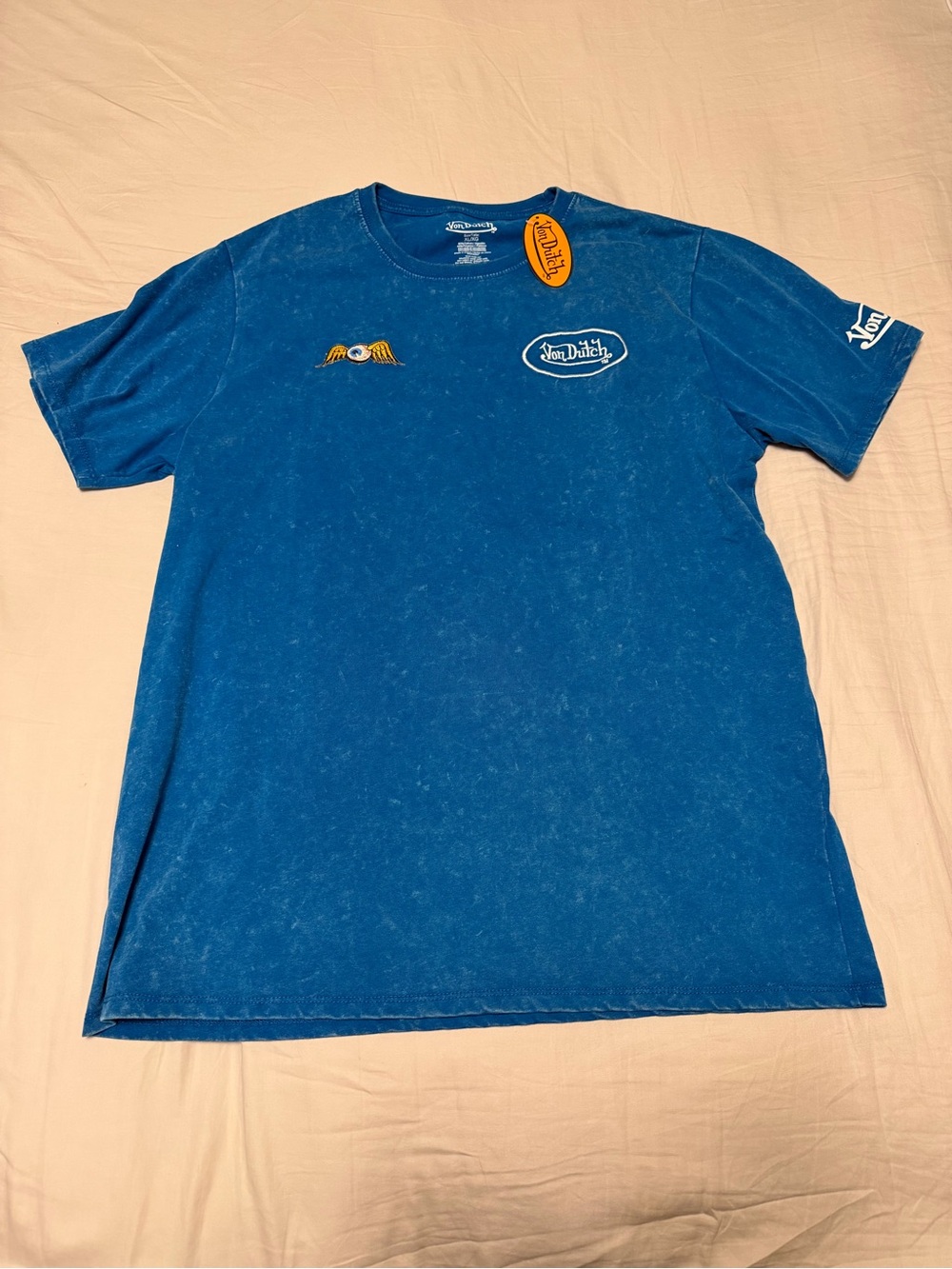 Von Dutch Blue Mineral-Wash Logo Tee with Yellow Wing Accent